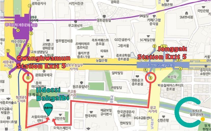 Peta menuju Ildossi Dakgalbi dari Stasiun Gwanghwamun dan Jonggak, Seoul, Korea Selatan.